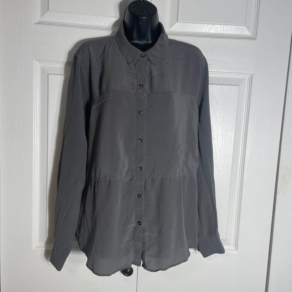 Spanx Low Maintenance 100% Silk Button Up Shirt Women XL Gray Long Sleeve Top